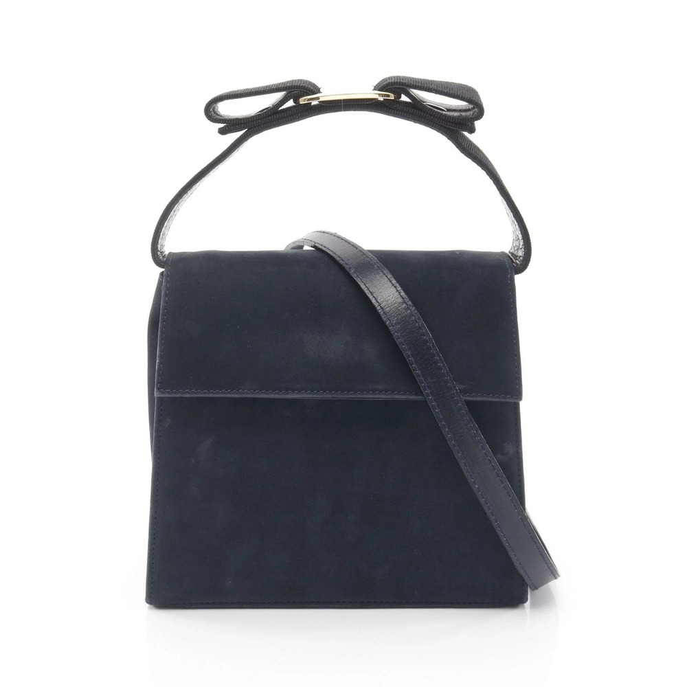 Salvatore Ferragamo Vara Ribbon Handbag Suede Leather Navy Blue